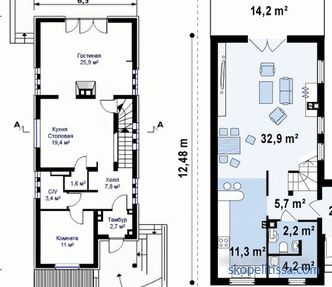 Проекти на едноетажни къщи за тесни зони, планиране, схеми, снимки в каталога
