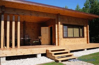 къща-баня с веранда или тераса в размер 6x6 и 6x8, опции от дървен материал и трупи 6 до 4 и от 5 до 8, снимки, видео